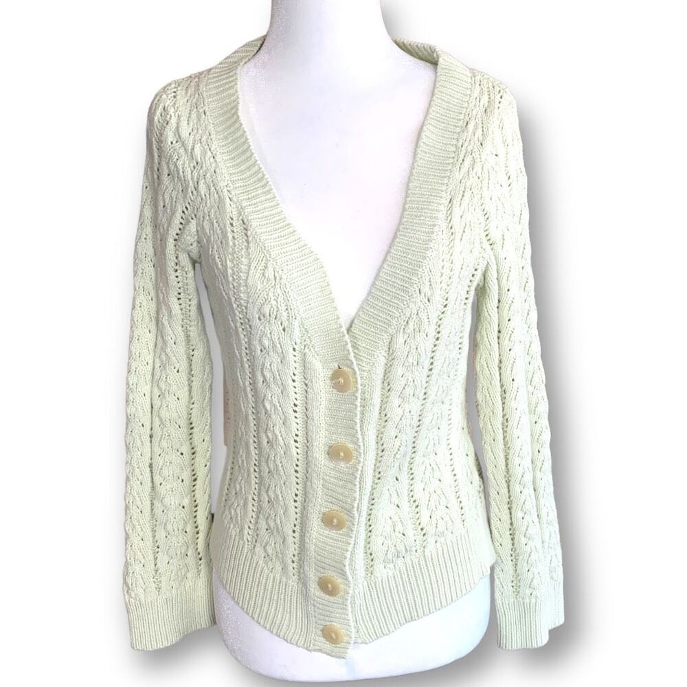 Vintage 90s Fitted Cable Knit Cardigan Sweater Cropped Pastel Pistachio Green
